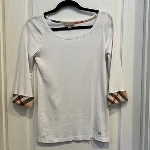 Burberry White Cotton Boat Neck Blouse Nova Check Cuffs Top Size Medium